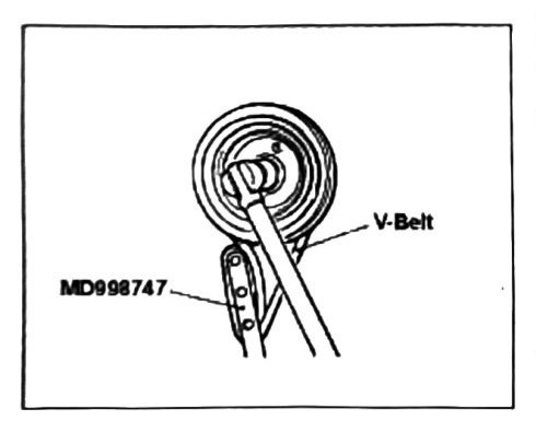 Figure: Crankshaft pulley bolt removal using tool MD998747 and spare V-belt