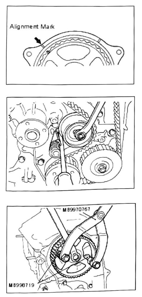 Figure: Camshaft sprocket alignment and tensioner spring removal