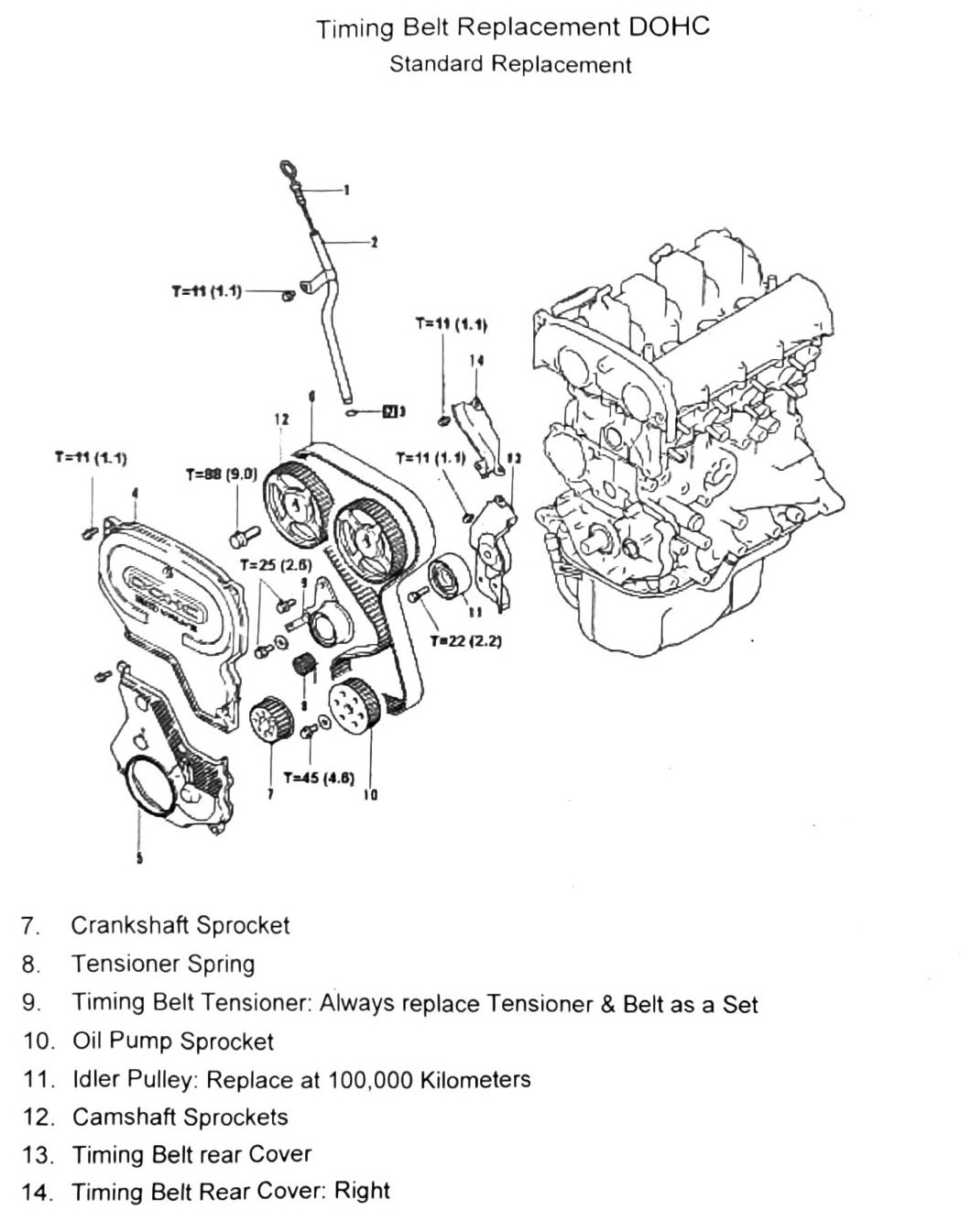 Figure: Timing belt component removal order continued, DOHC
