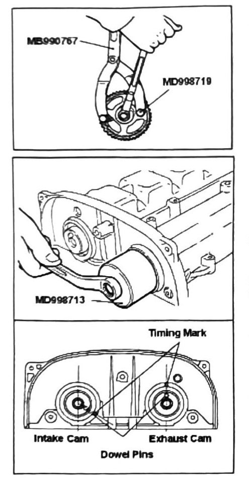 Figure: Camshaft retention tools, oil seal installer, and dowel pin alignment