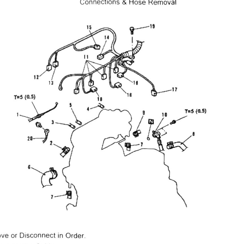 Figure: Connections and hose removal diagram, items 1-13