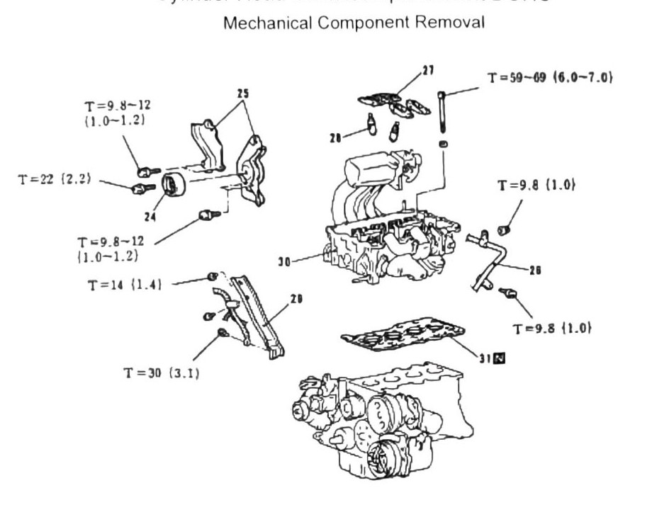 Figure: Mechanical component removal diagram and torque callouts, DOHC