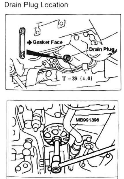 Figure: Drain plug location and gasket facing, oil filter removal