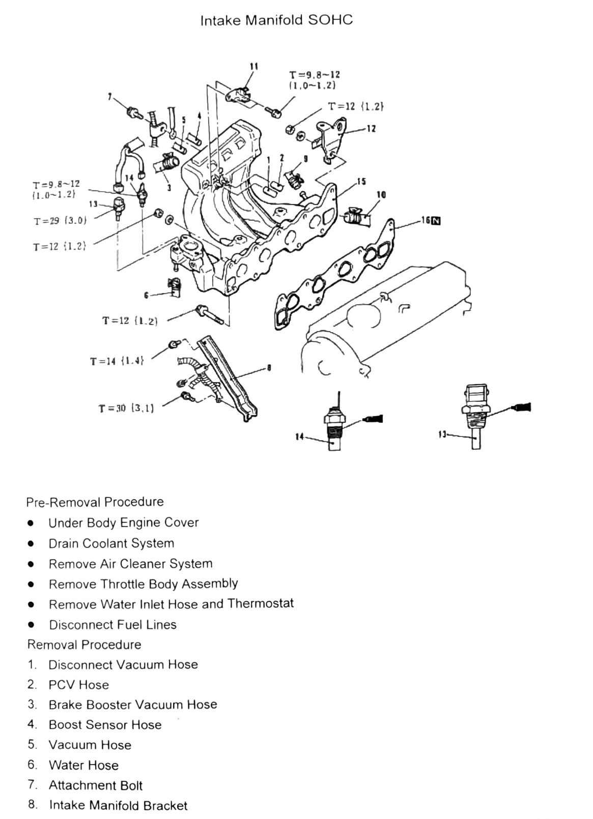 Figure: Intake Manifold SOHC, removal steps 1-8