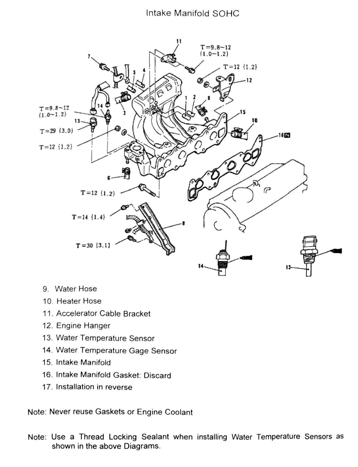 Figure: Intake Manifold SOHC, removal steps 9-17