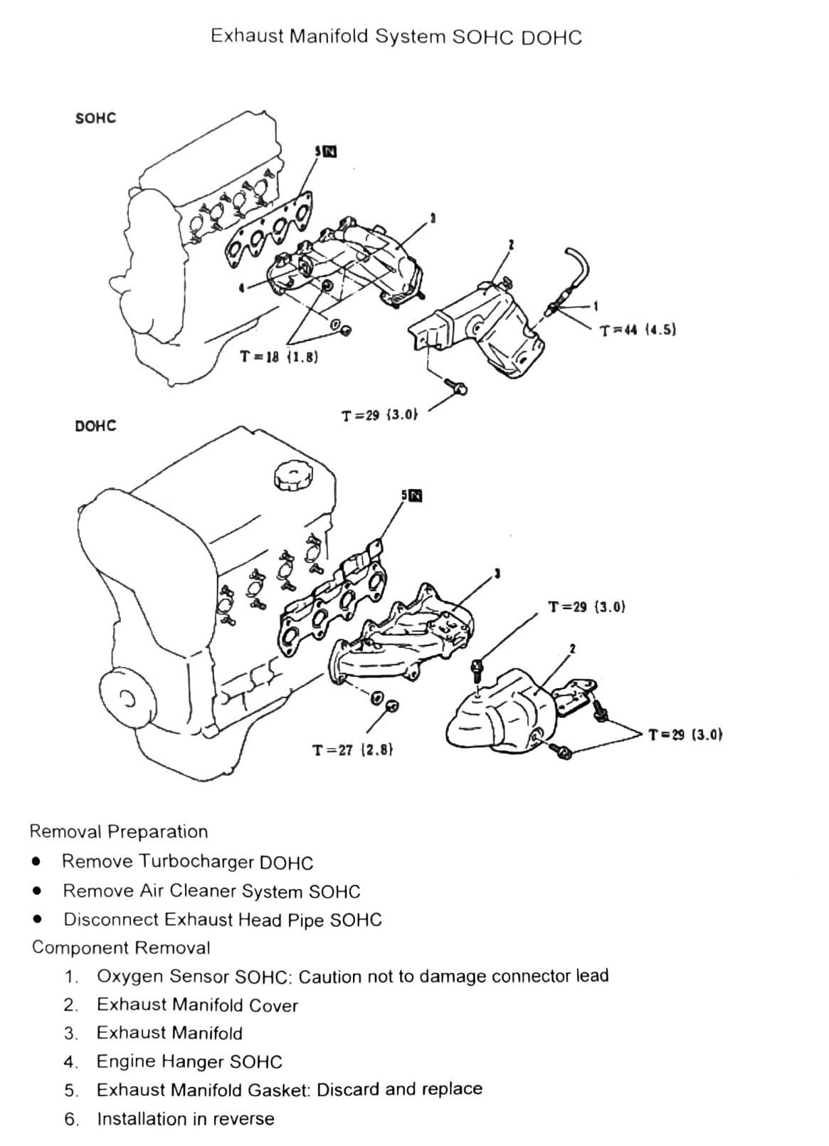 Figure: Exhaust manifold exploded view, SOHC and DOHC torque callouts