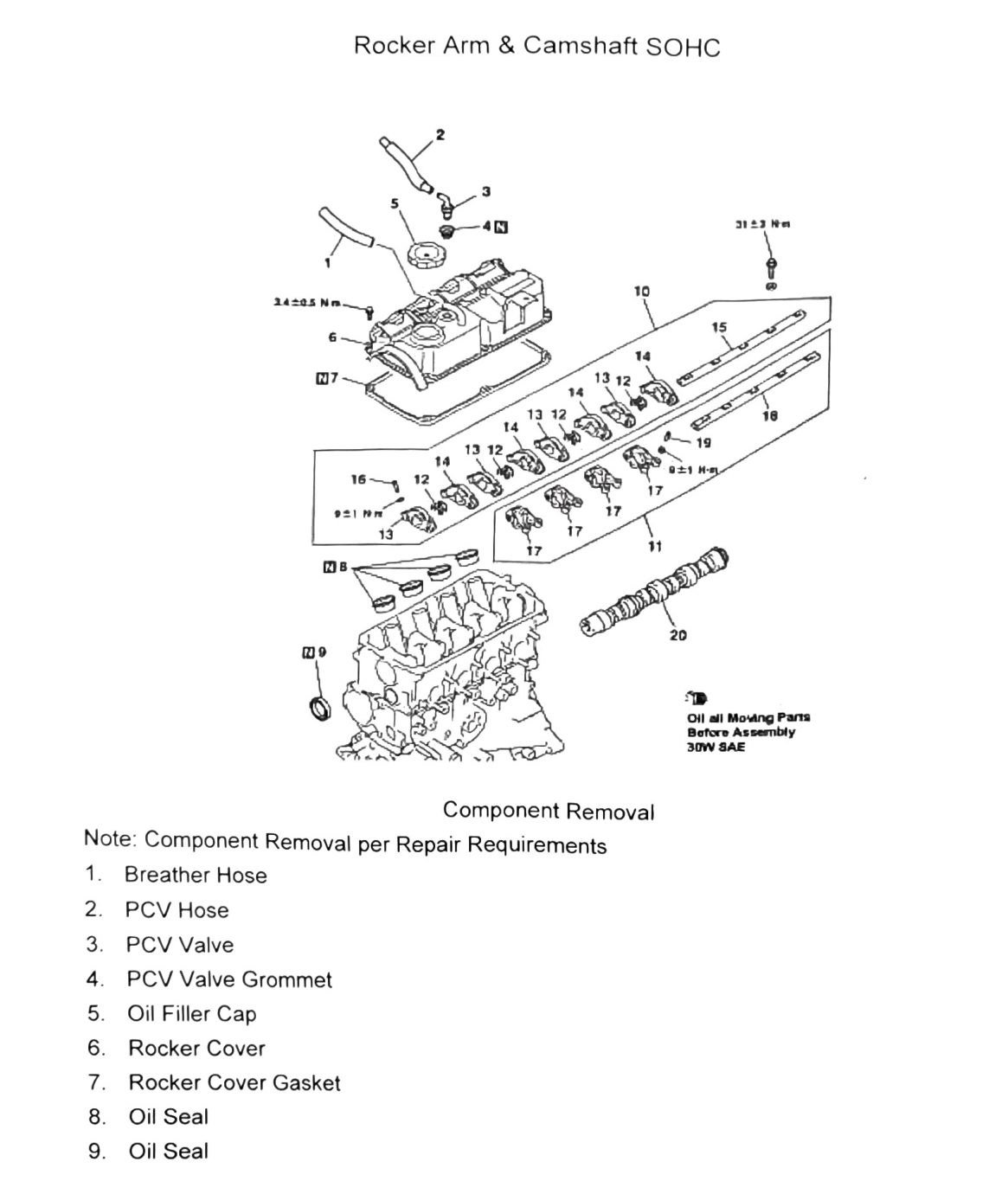 Figure: Rocker arm & camshaft SOHC, exploded view (cover removal)