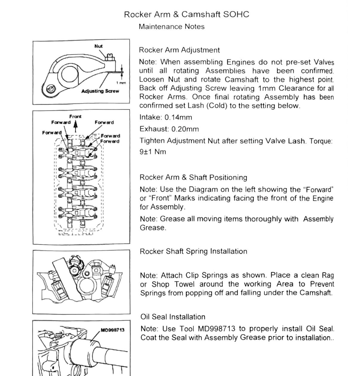 Figure: Rocker arm adjustment diagram and oil seal installation with MD998713