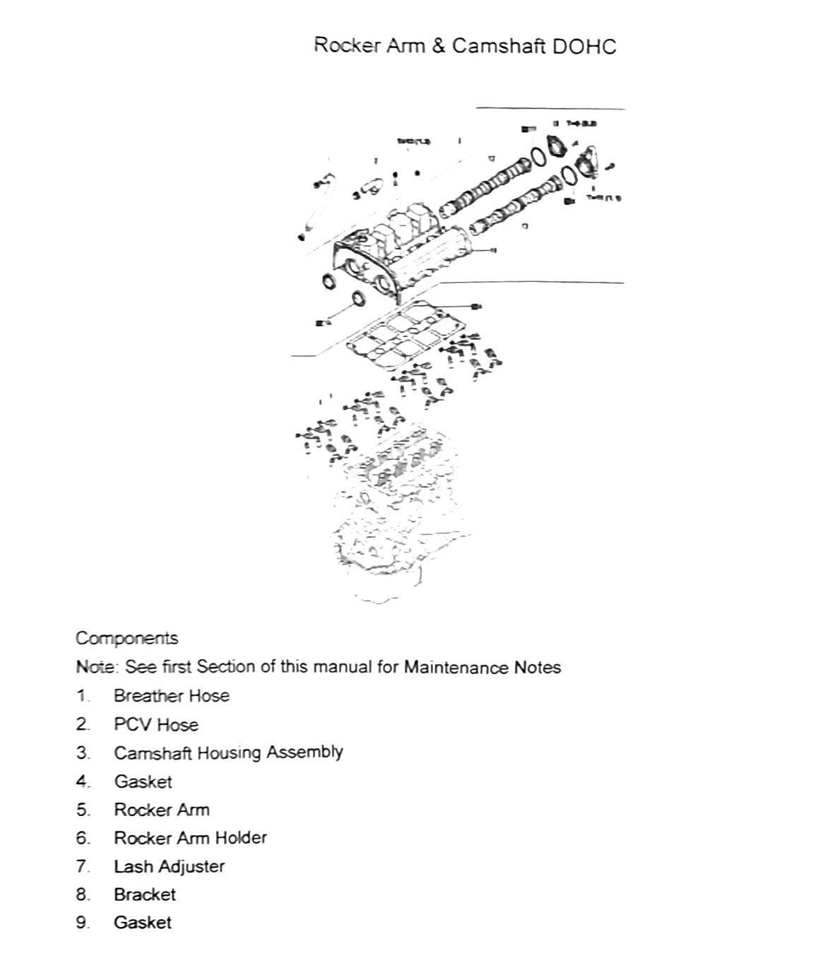 Figure: Rocker arm & camshaft DOHC, components (housing/rocker/adjuster)