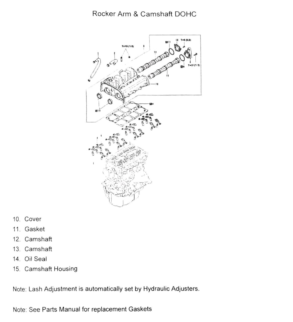 Figure: Rocker arm & camshaft DOHC, components (cover/camshaft/oil seal)
