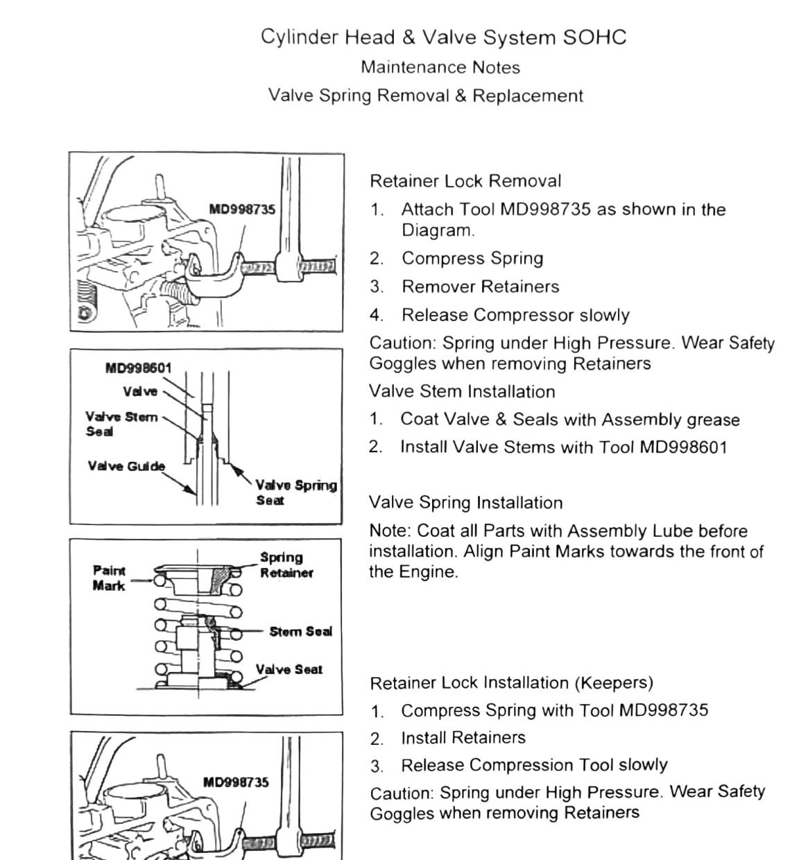 Figure: Valve spring removal with MD998735, retainer lock keeper detail