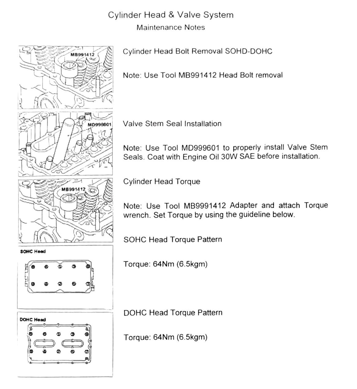 Figure: Cylinder head torque tool MB991412, SOHC and DOHC torque patterns