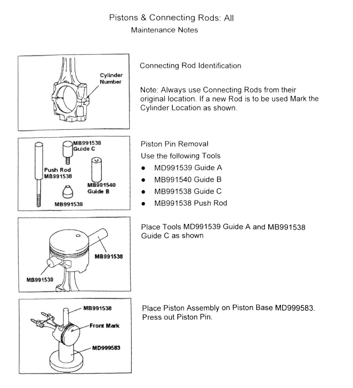 Figure: Piston pin removal with Guide A/B/C tools and piston base MD999583