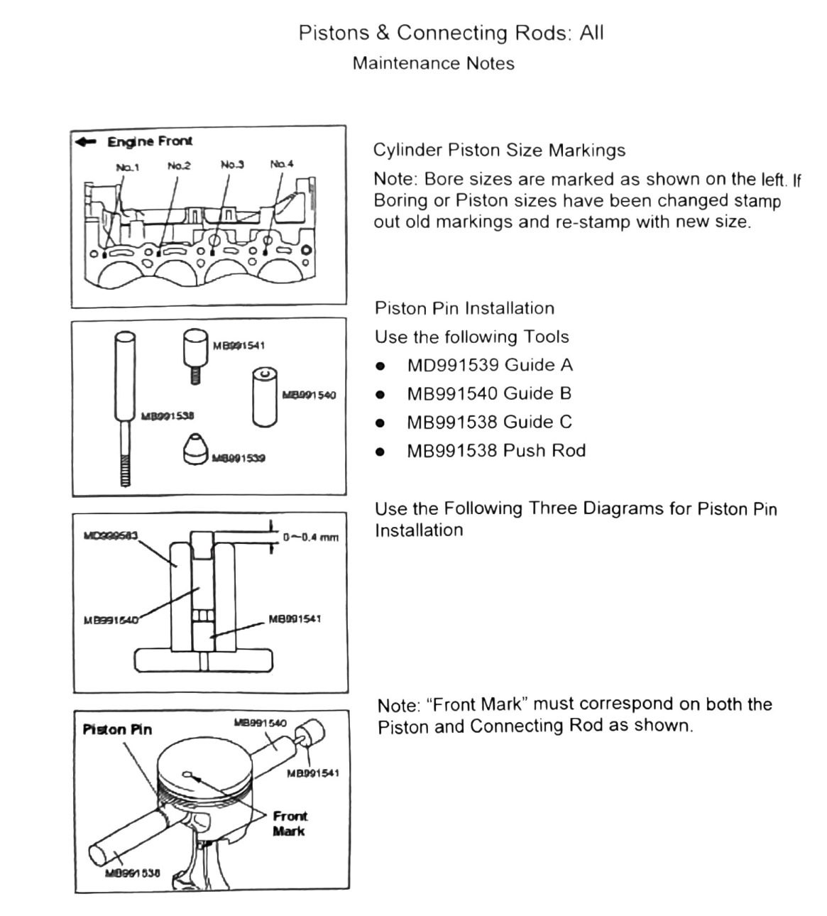 Figure: Piston pin installation diagrams, front-mark alignment, bore size markings