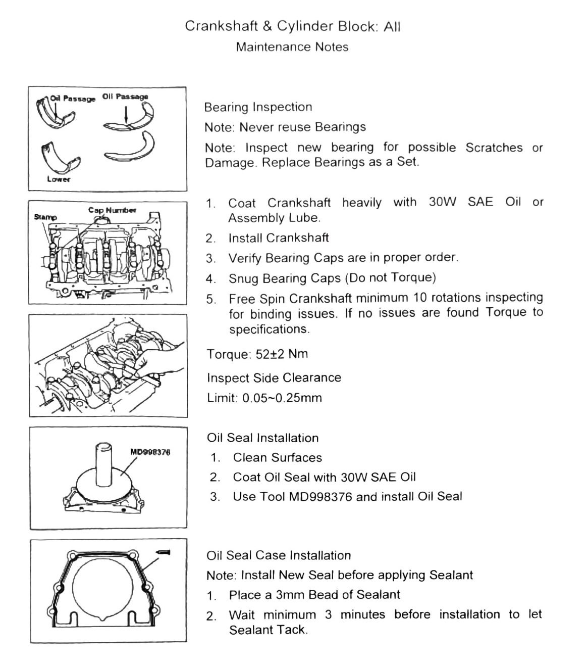 Figure: Crankshaft installation, bearing cap torque sequence, oil seal install with MD998376