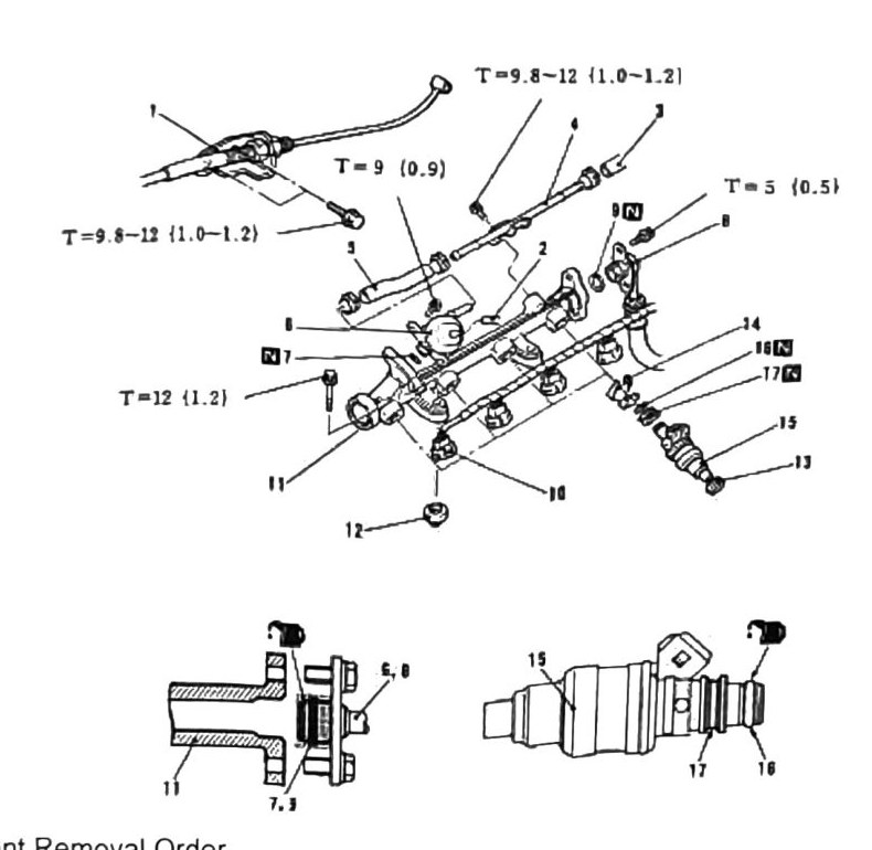 Figure: Fuel Rail & Injector component removal diagram with torque callouts