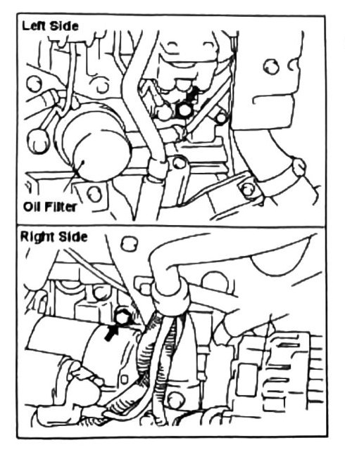 Figure: Cylinder block coolant plug locations, left (oil filter side) and right (alternator side)