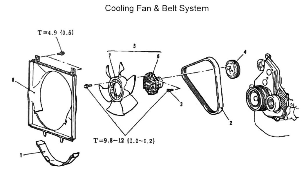 Figure: Cooling Fan & Belt System components and removal order, with torque callouts