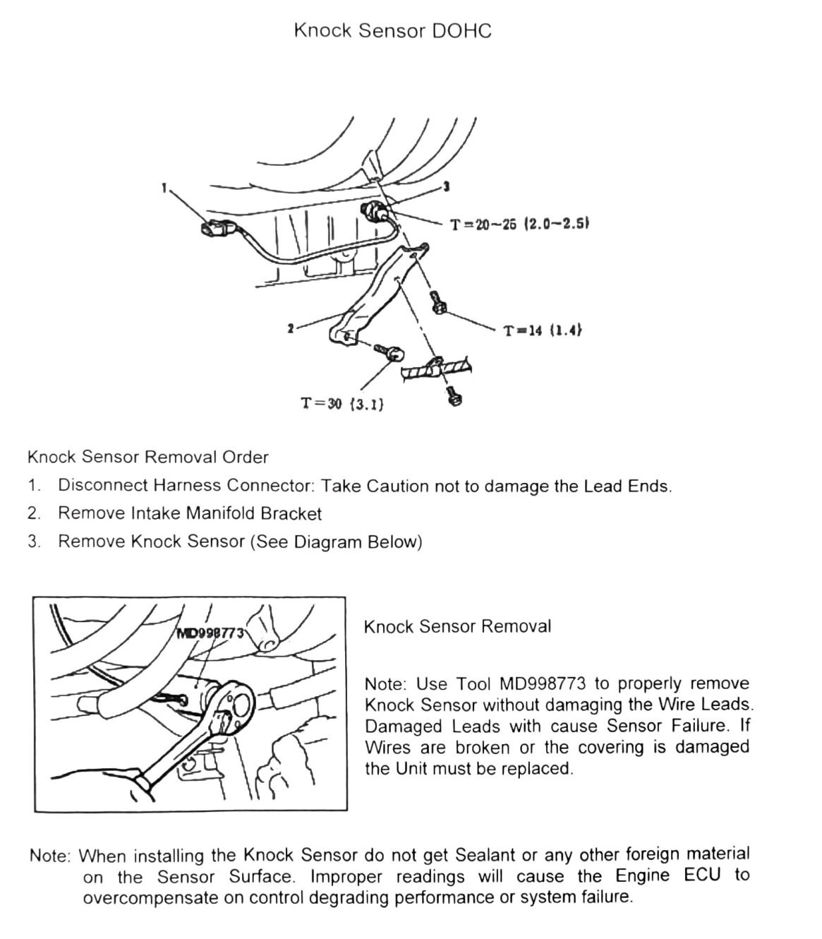 Figure: Knock sensor removal order, torque callouts, and tool MD998773 usage