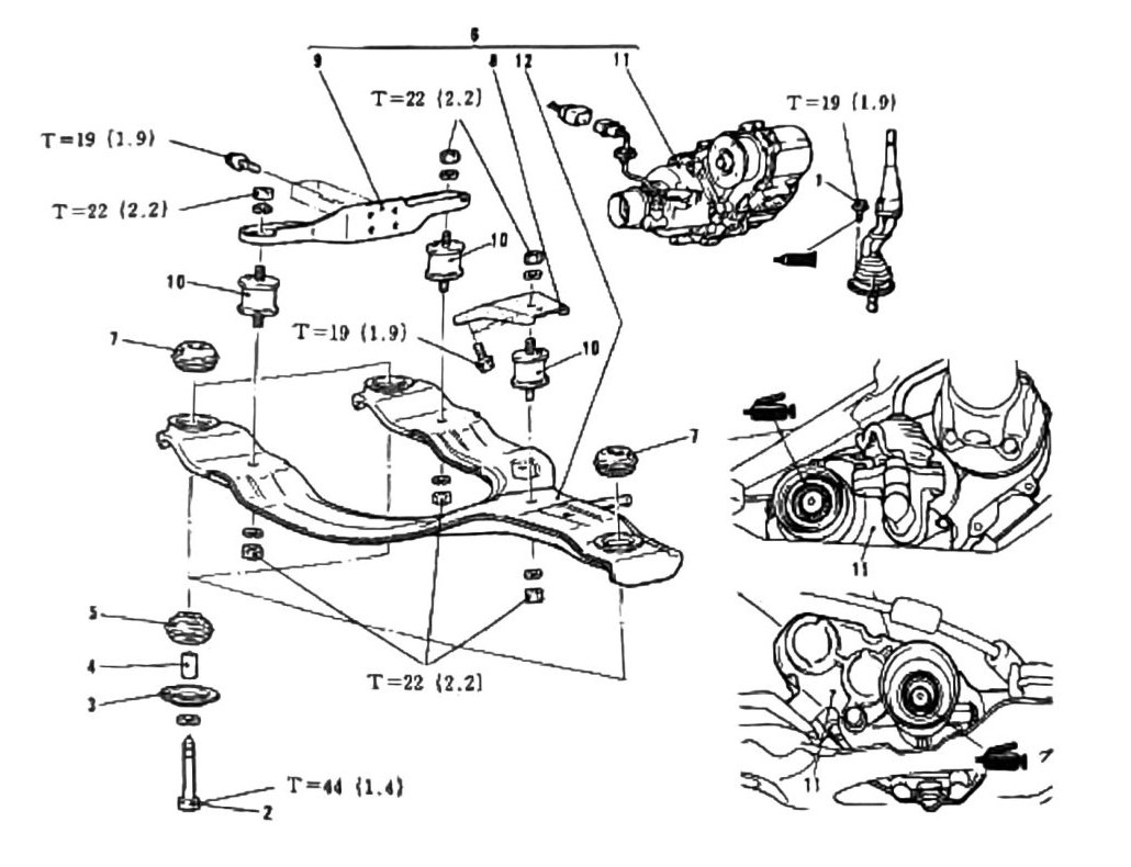 Figure: Transfer case removal, cross member and mount bracket diagram