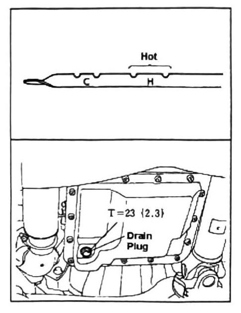 Figure: A/T fluid dipstick and drain plug locations