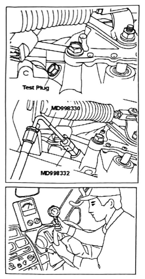 Figure: Oil pressure test plug, adapter attachment, and gauge line routing
