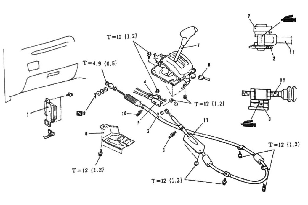 Figure: A/T shifter assembly and cable removal diagram