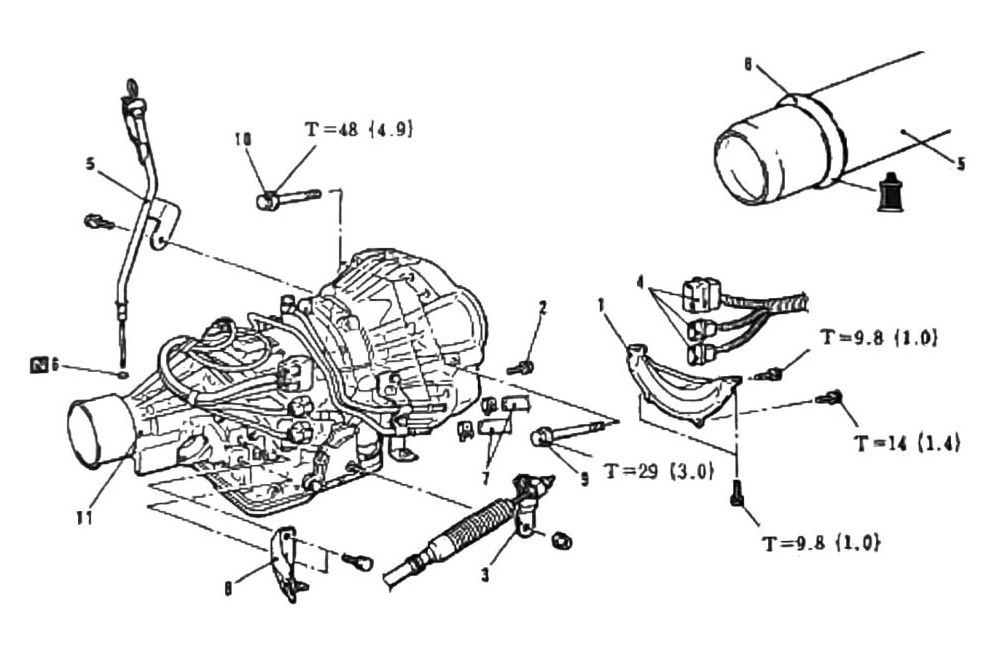 Figure: A/T transmission removal diagram and torque callouts
