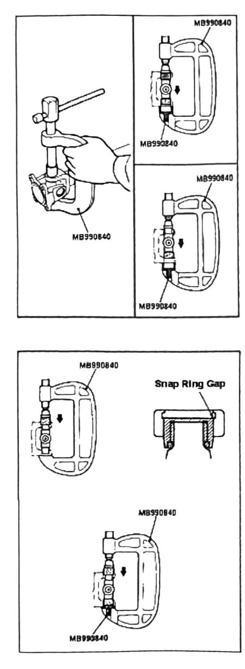 Figure: U-joint removal with C-clamp MB990840, cup pressing sequence