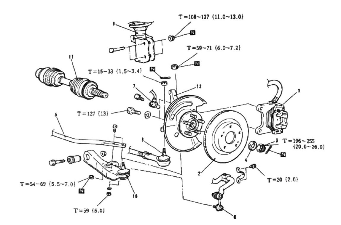 Figure: Hub & knuckle 4WD, component removal diagram with torque callouts