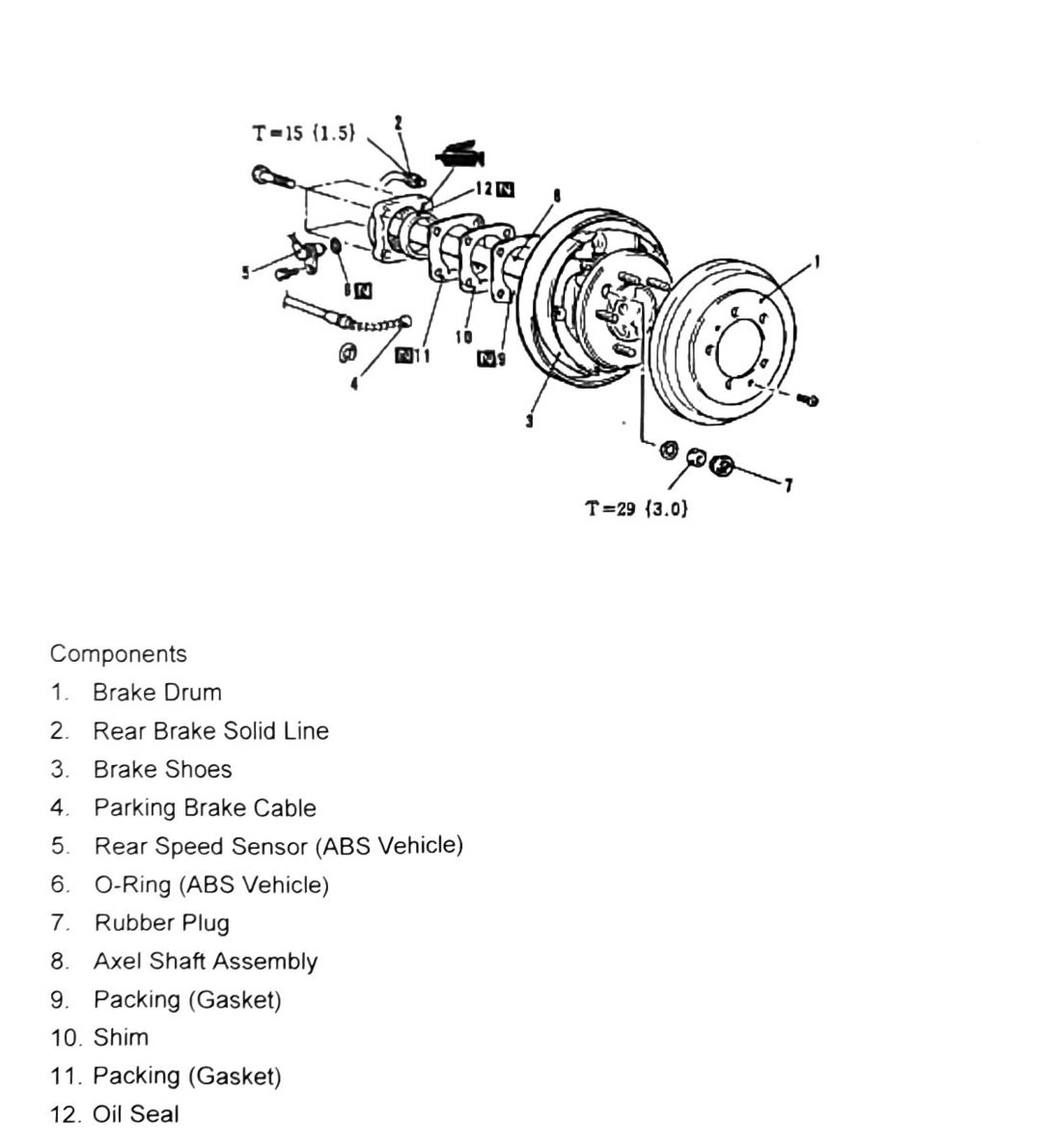 Figure: Axle shaft components, drum/brake/gasket stack