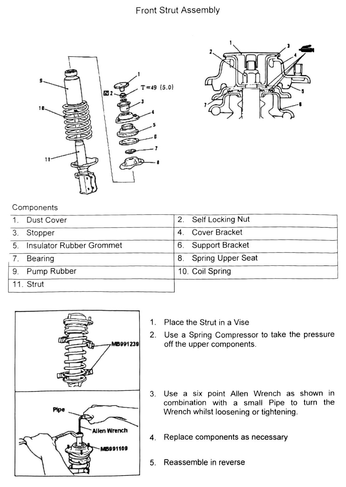 Figure: Front strut disassembly — components and Allen wrench/pipe technique