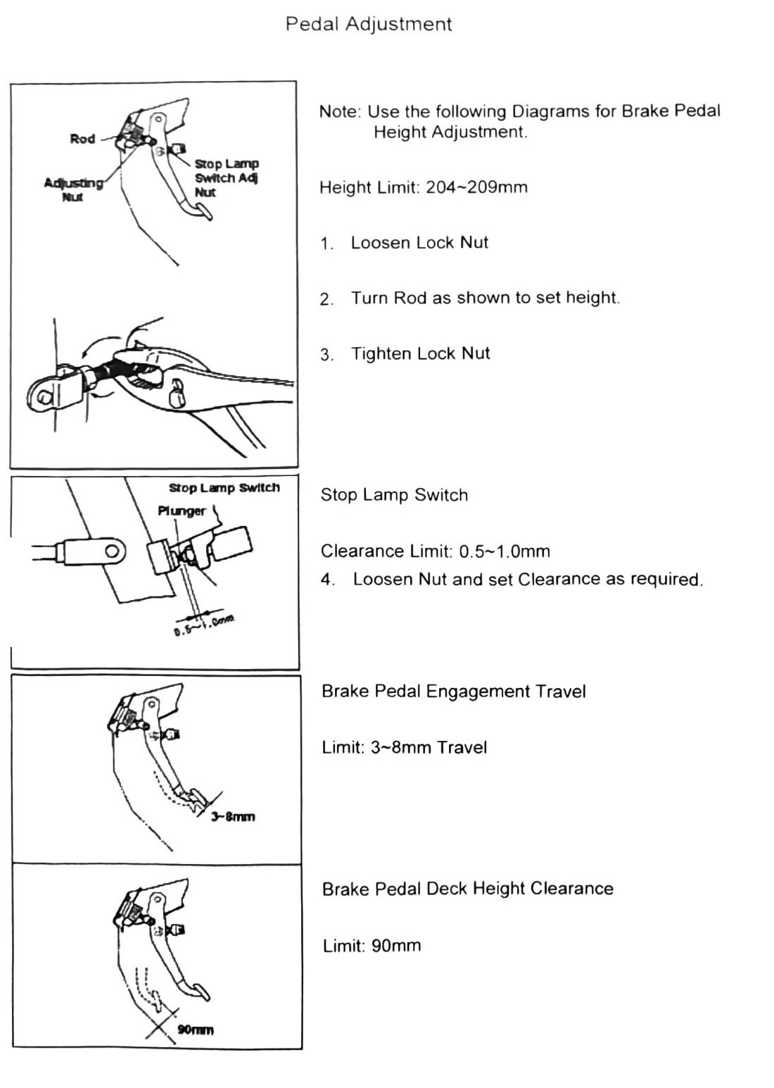Figure: Pedal Adjustment, height/switch/travel/deck clearance diagrams