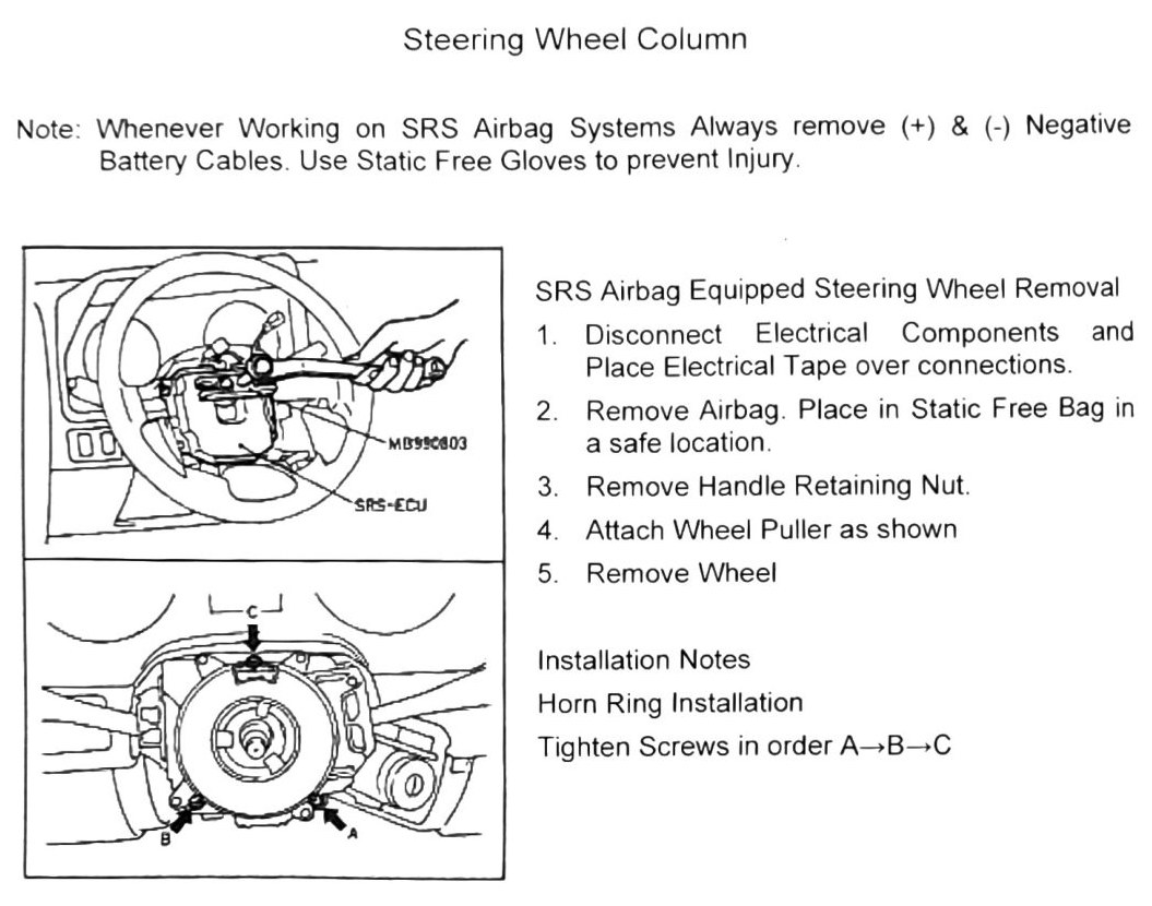Figure: SRS airbag steering wheel removal — wheel puller setup