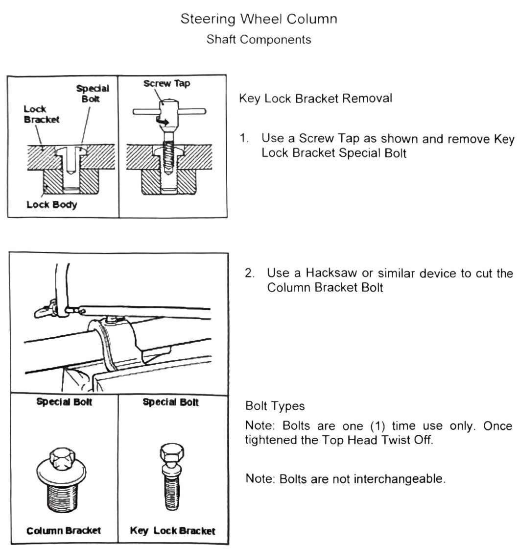 Figure: Key lock bracket removal — screw tap and hacksaw technique on shear-head special bolts