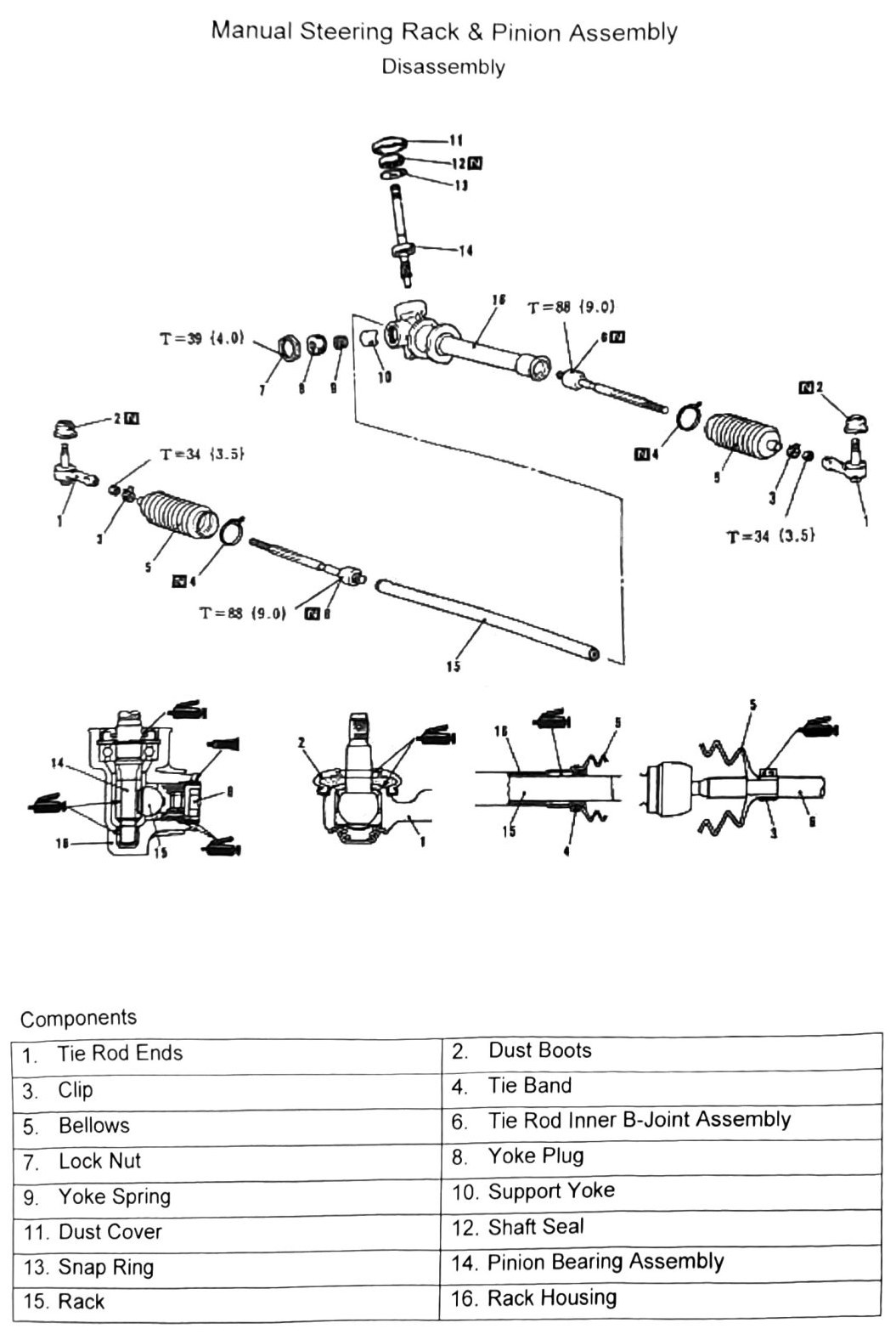 Figure: Manual steering rack disassembly — 16-item component breakdown