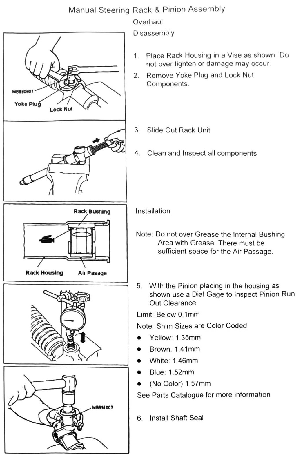 Figure: Manual steering rack overhaul — pinion runout check and shim selection
