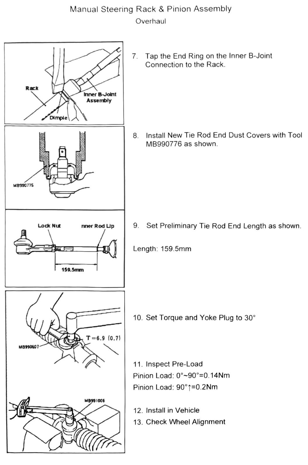 Figure: Manual steering rack reassembly — tie rod length setting and preload inspection