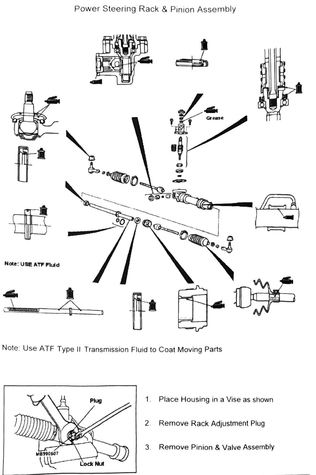 Figure: Power steering rack disassembly — pinion/valve assembly and needle bearing removal