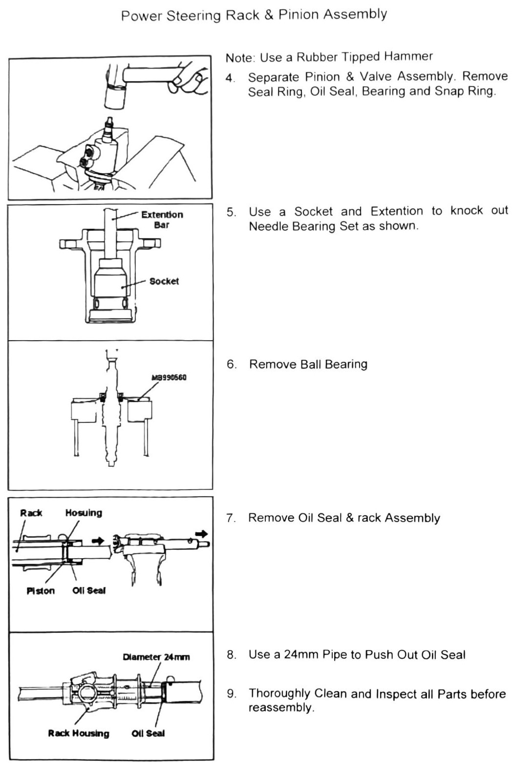 Figure: Power steering rack disassembly — oil seal removal, 24mm pipe technique