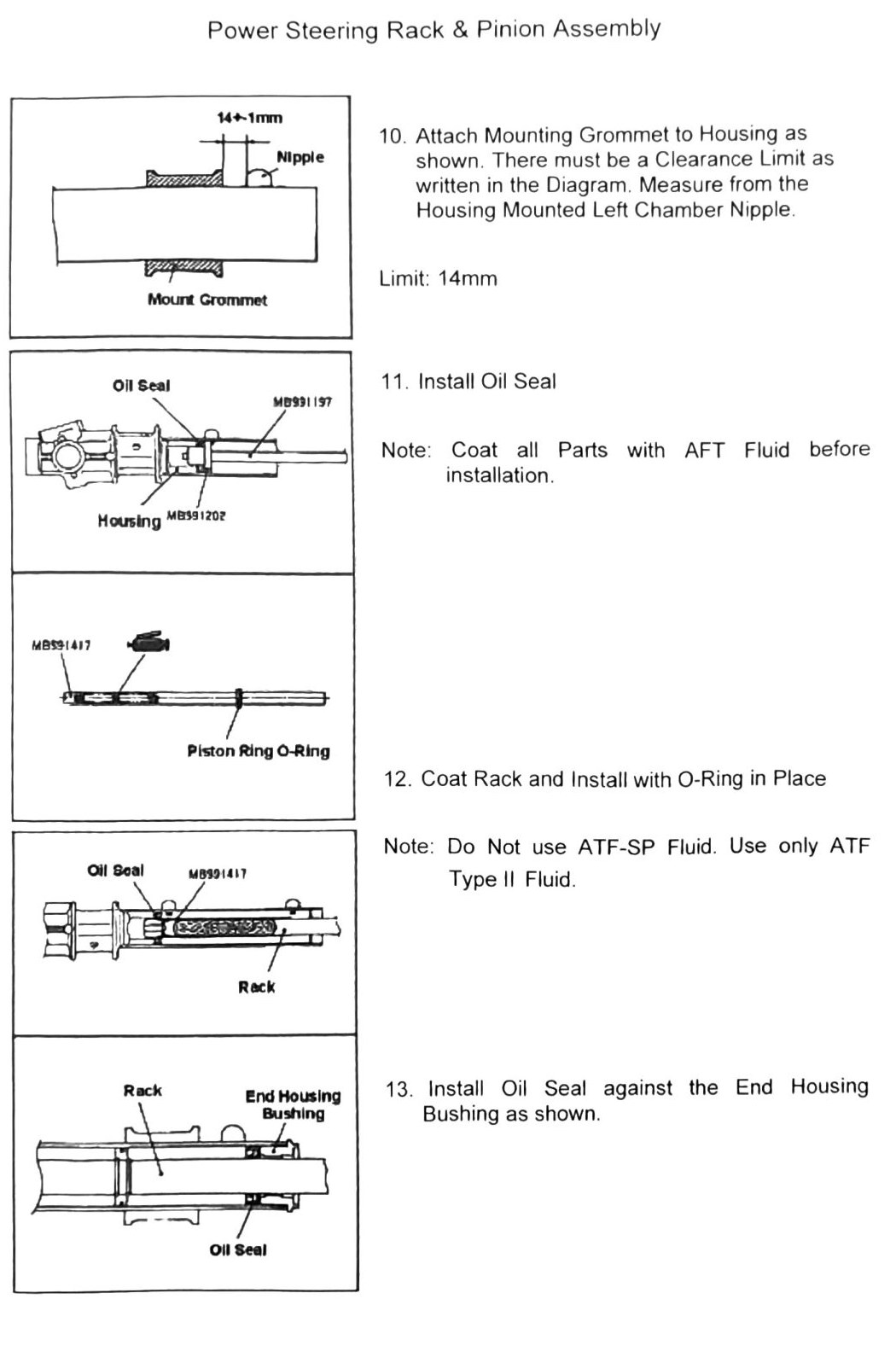 Figure: Power steering rack reassembly — mounting grommet clearance and oil seal installation