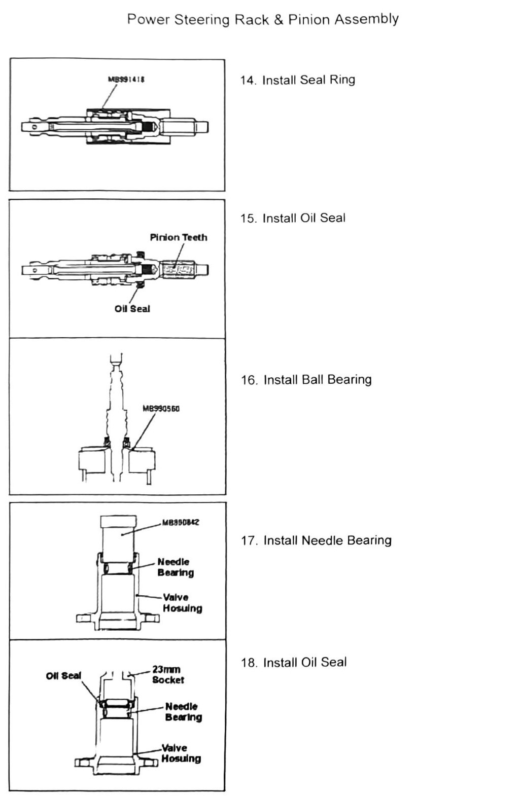 Figure: Power steering rack reassembly — valve housing bearing/seal installation