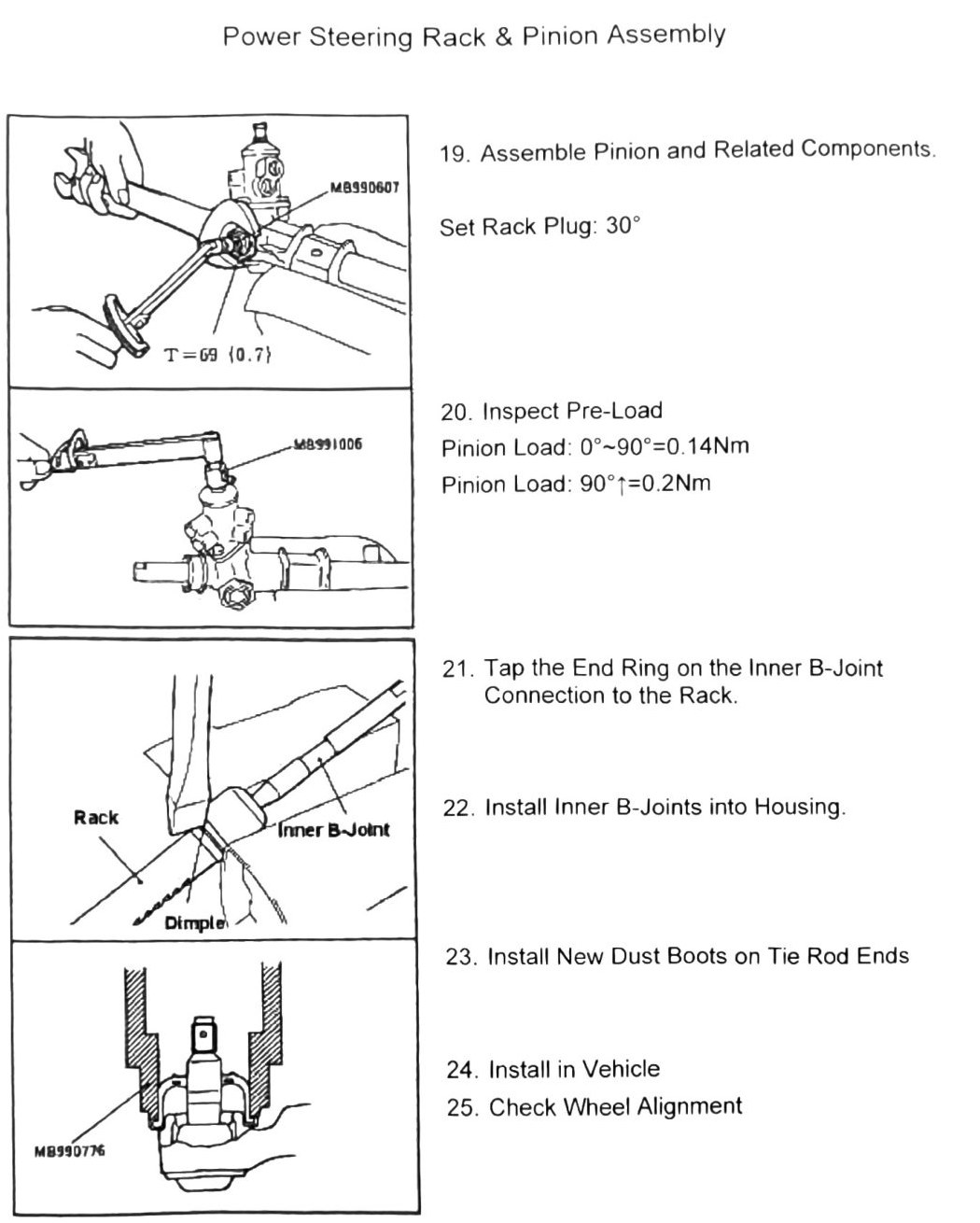 Figure: Power steering rack reassembly — pinion preload inspection and final assembly