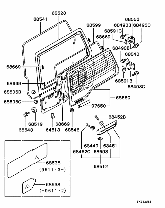 Back door panel & glass parts diagram 7939206
